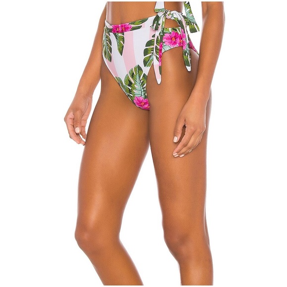 Lovers & Friends Pink Green Palm Stripe Waist Tie Bikini Bottoms size Medium EUC - Picture 3 of 11